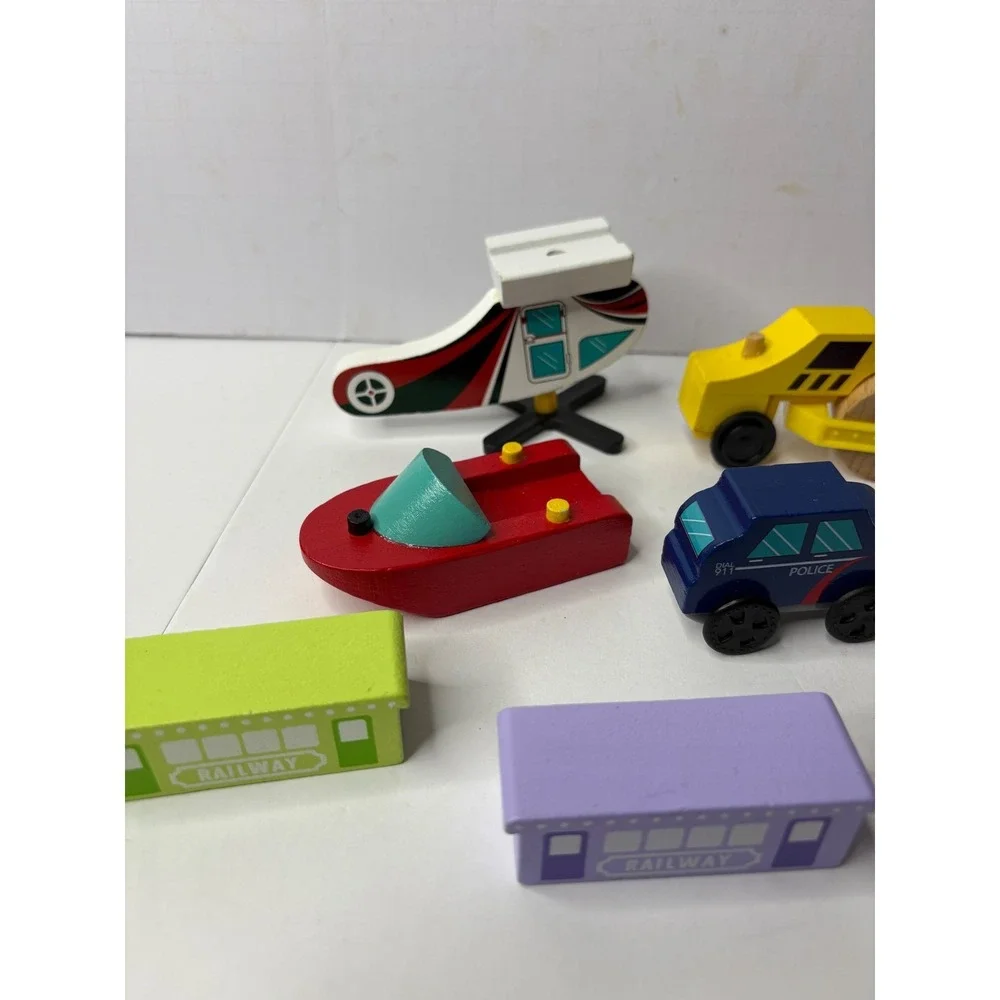 9 Piece‎ Wooden Toy Vehicle Set Police Fire Ambulance Helicopter Plane Boat